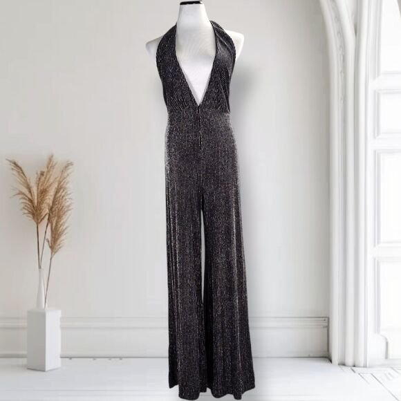 NastyGal Plunge Wide Leg Halter Jumpsuit Size M Stretch Silver Lurex Backless - Picture 1 of 15